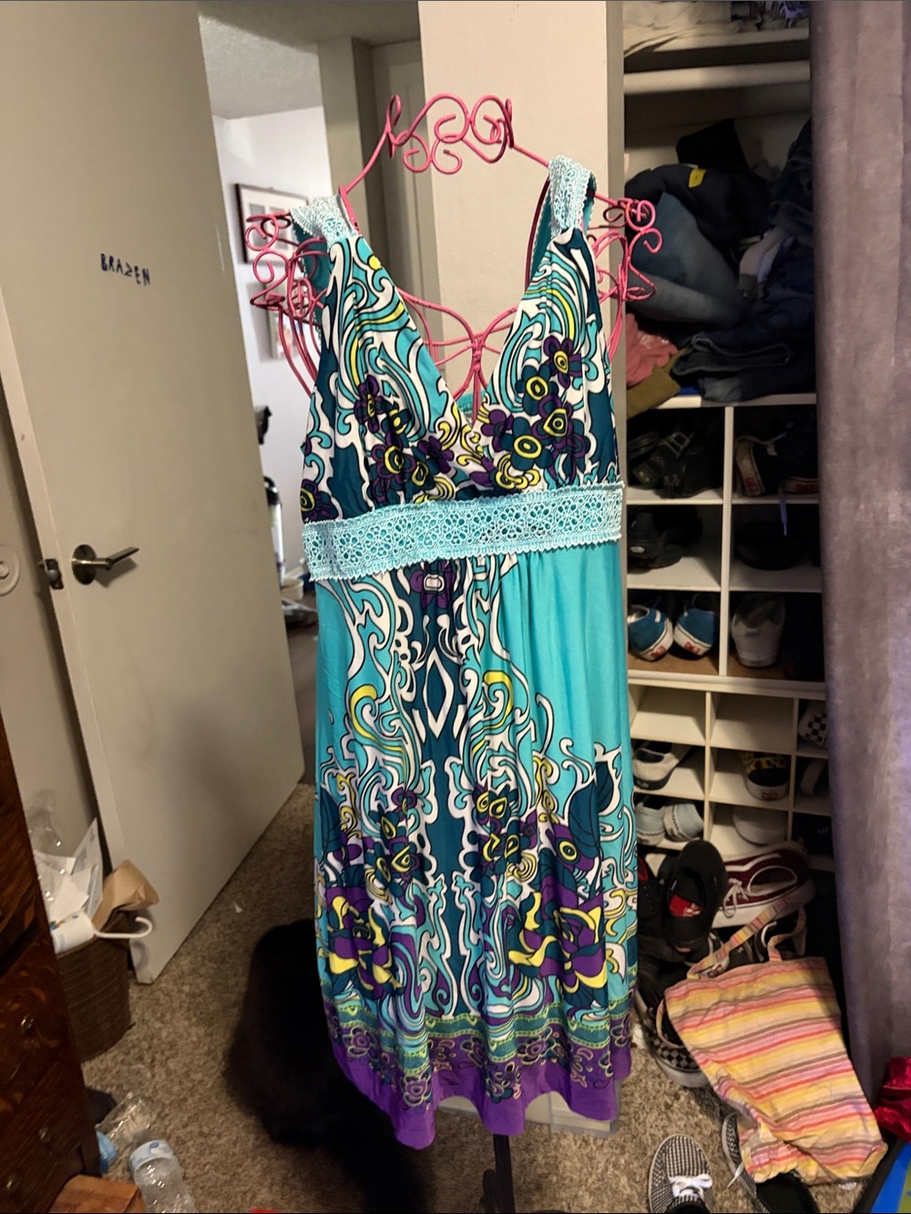 Sorel Turquoise Floral V-Neck Midi Dress with Lace Waist